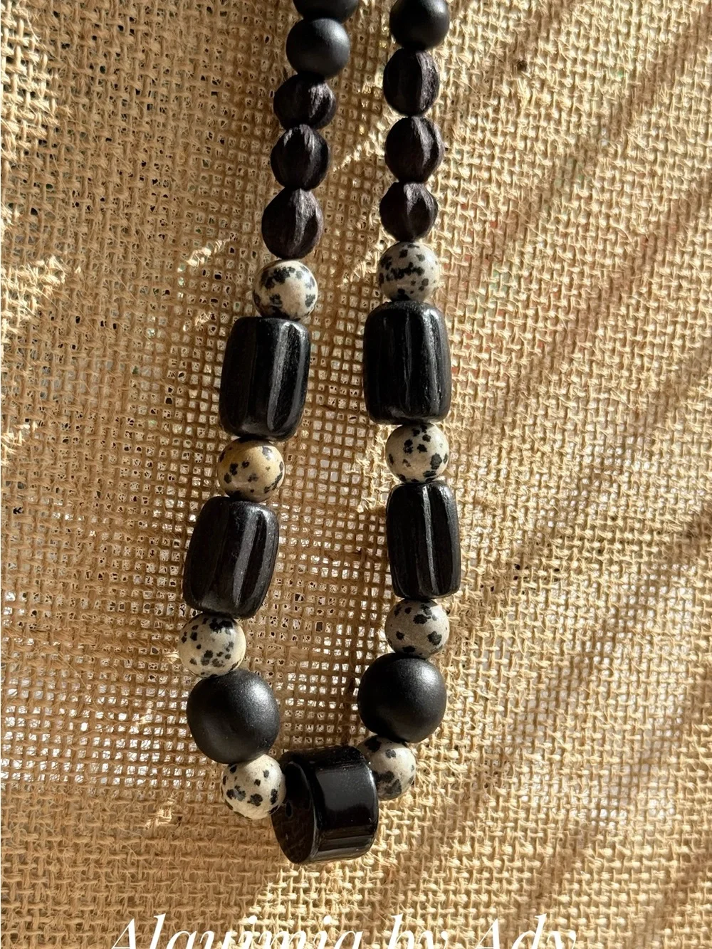 HIGH SUMMER + Black Faceted & Textured Beaded Necklace Dalmatian jasper